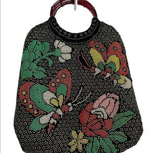 Vintage 1970s Micro Beaded Butterfly Floral Top Handle Satchel Handbag Black